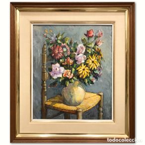 Arte: “Bodegón Floral en Jarrón sobre Silla” Eudald, Segunda Mitad del S.XX